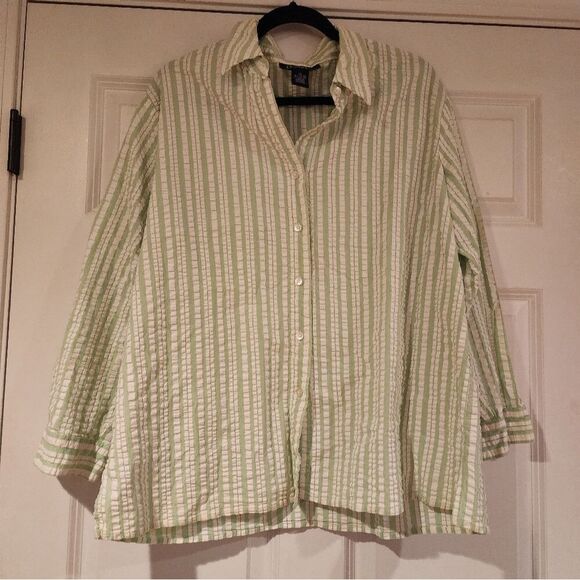 Denim & Co green and white striped textured button down shirt 1X - Picture 1 of 4